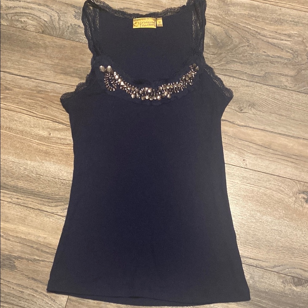 Princess Vera Wang Blue Silver Embellished Sleeveless Tank Top